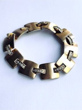 Monet Vintage Signed 80s Gold Toned Link Bracelet Faux Diamond Crystals
